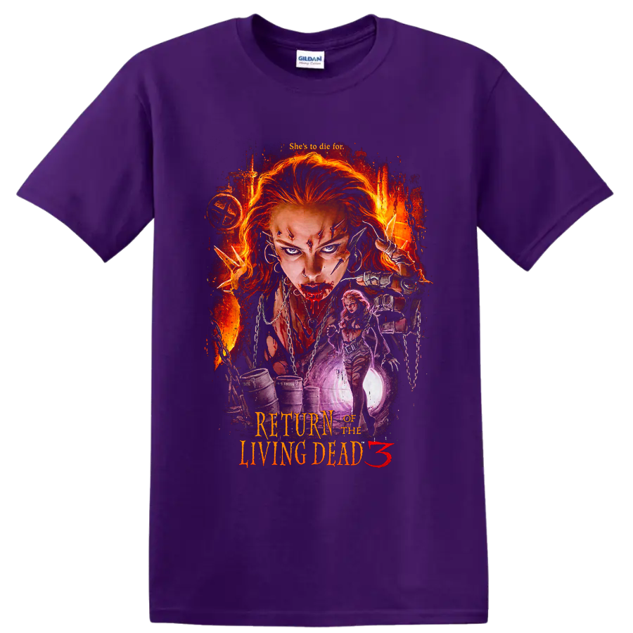 Return of the Living Dead 3 fiery zombie horror graphic with red-haired woman on a Purple T Shirt