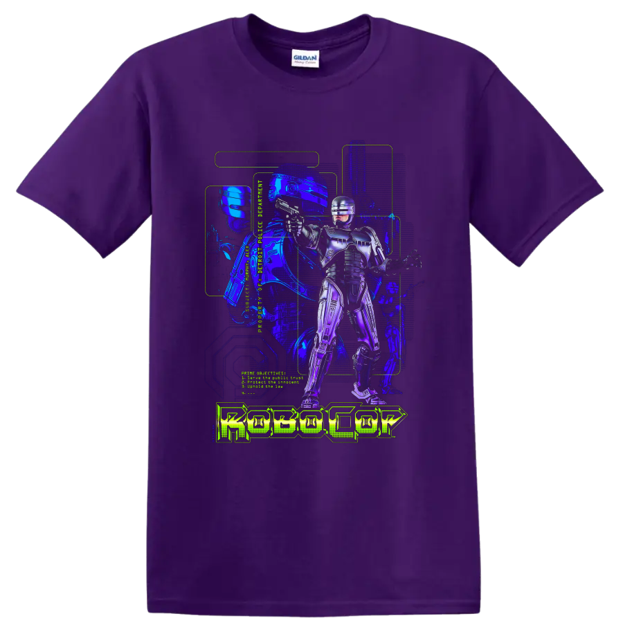 RoboCop cybernetic police officer neon sci-fi artwork with ROBOCOP text on a Purple T Shirt