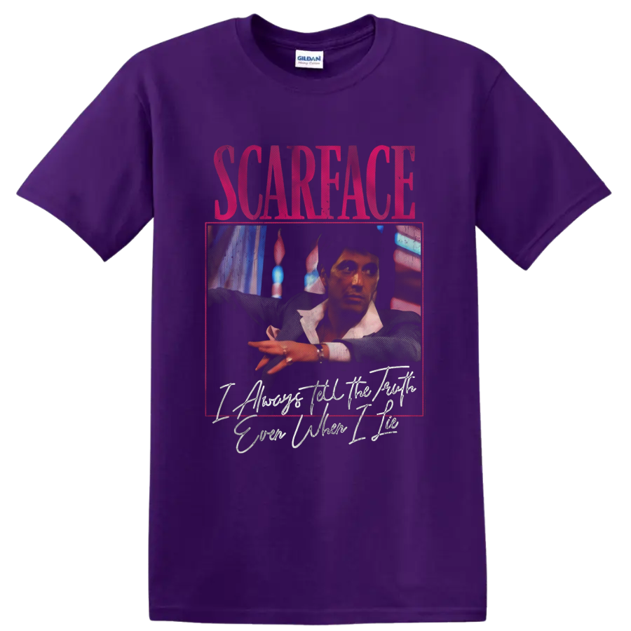 Scarface vintage crime drama portrait graphic with distressed lettering on a Purple T Shirt