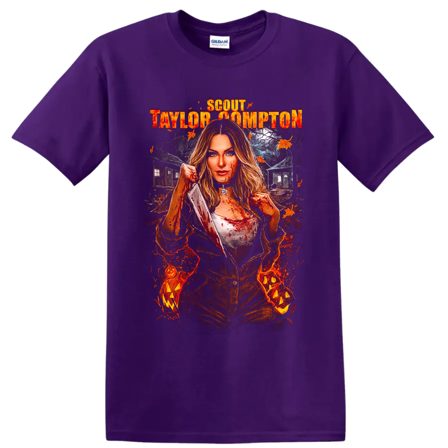 Laurie Strode horror graphic with Scout Taylor-Compton text on a Purple T Shirt