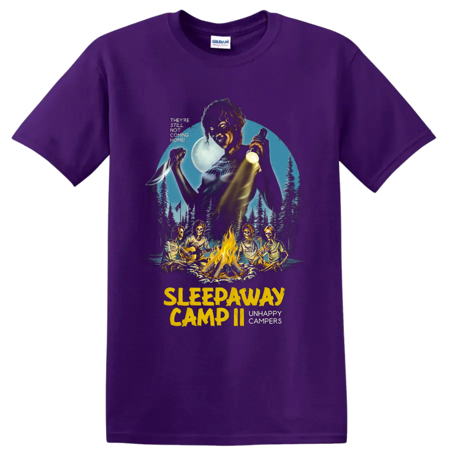 Sleepaway Camp horror graphic with skeleton campers around a bonfire on a Purple T Shirt