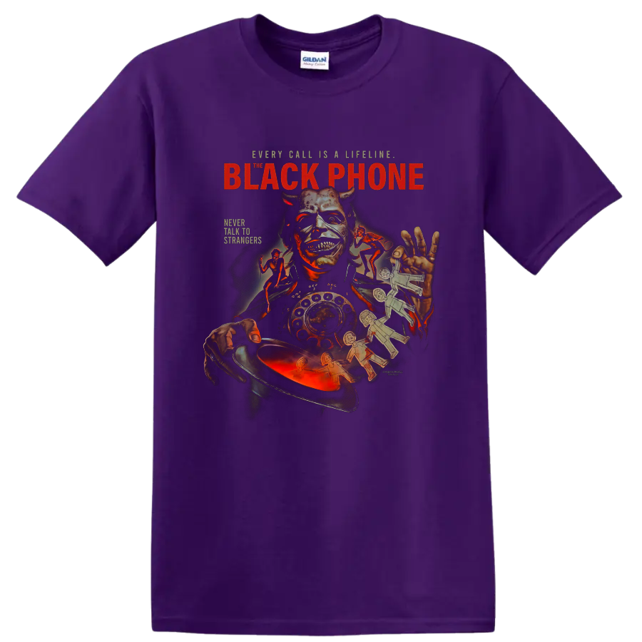 The Black Phone masked villain and rotary phone horror graphic print on a Purple T Shirt