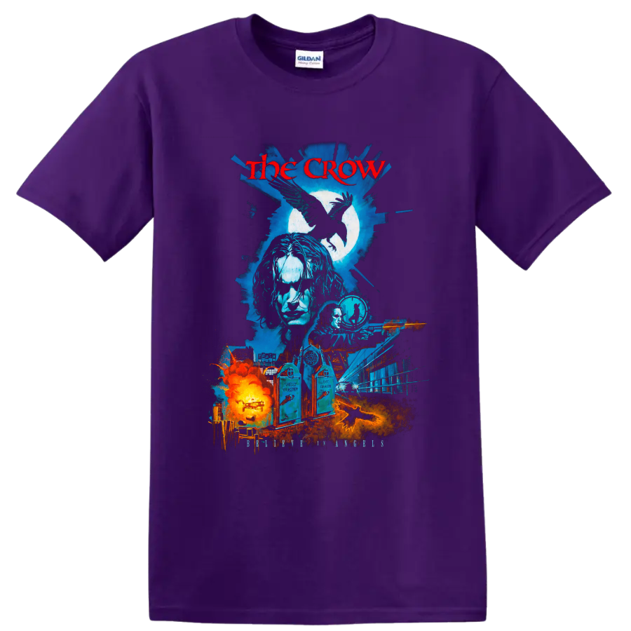 The Crow gothic raven movie collage with moon, cityscape, and fiery graphic on a Purple T Shirt