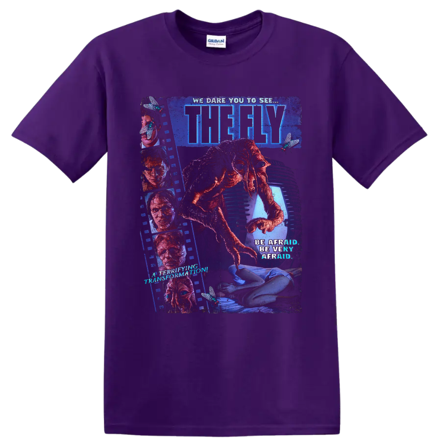 The Fly horror movie mutant insect transformation poster art on a Purple T Shirt