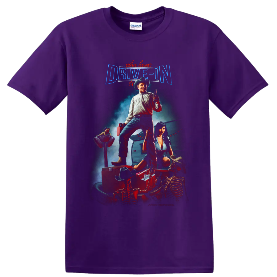 The Last Drive In cowboy and skeleton roadside horror poster art on a Purple T Shirt