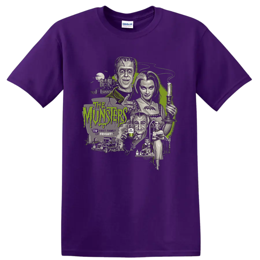 The Munsters 2 gothic family portrait graphic print on a Purple T Shirt
