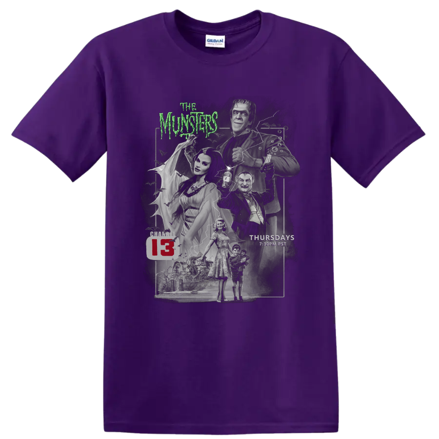 The Munsters 3 vintage gothic horror cast collage with green title text on a Purple T Shirt