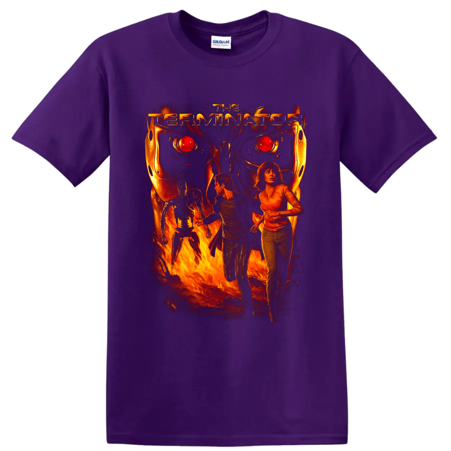 Terminator 3 fiery cyborg movie poster art with fleeing figures on a Purple T Shirt