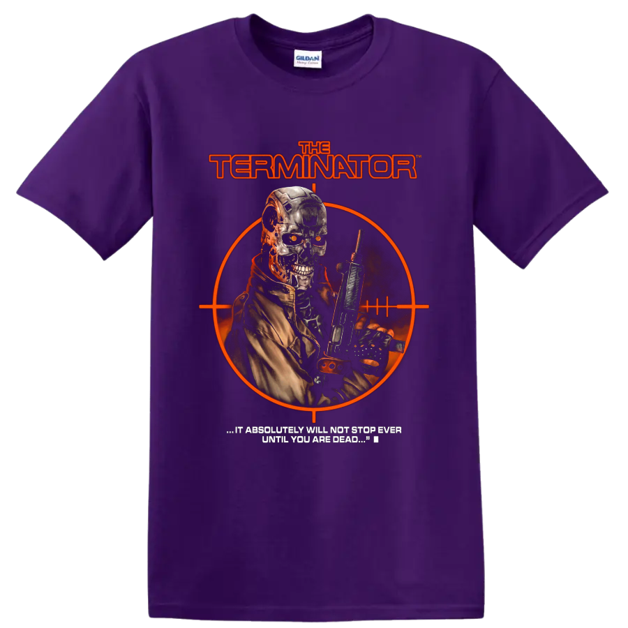 Terminator Genisys cybernetic soldier with rifle and orange target graphic on a Purple T Shirt
