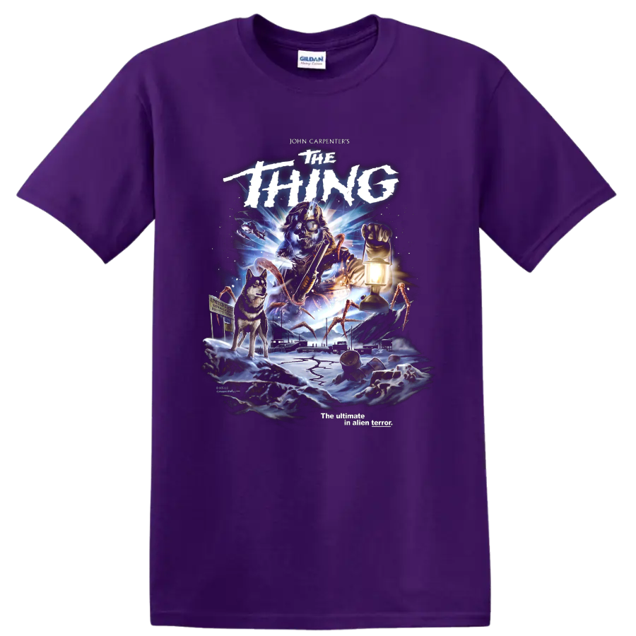John Carpenter's The Thing arctic horror movie poster graphic with dog and lantern on a Purple T Shirt