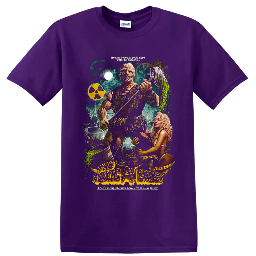 The Toxic Avenger radioactive mutant hero retro horror poster graphic on a Purple T Shirt