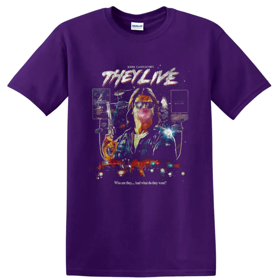 They Live retro sci-fi collage with alien sunglasses and flying saucers on a Purple T Shirt