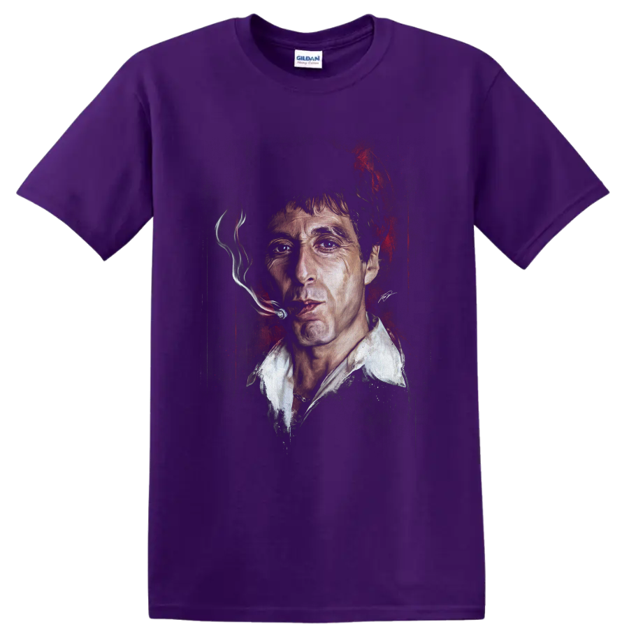 Scarface Tony Montana portrait graphic with smoking cigar and red accents on a Purple T Shirt