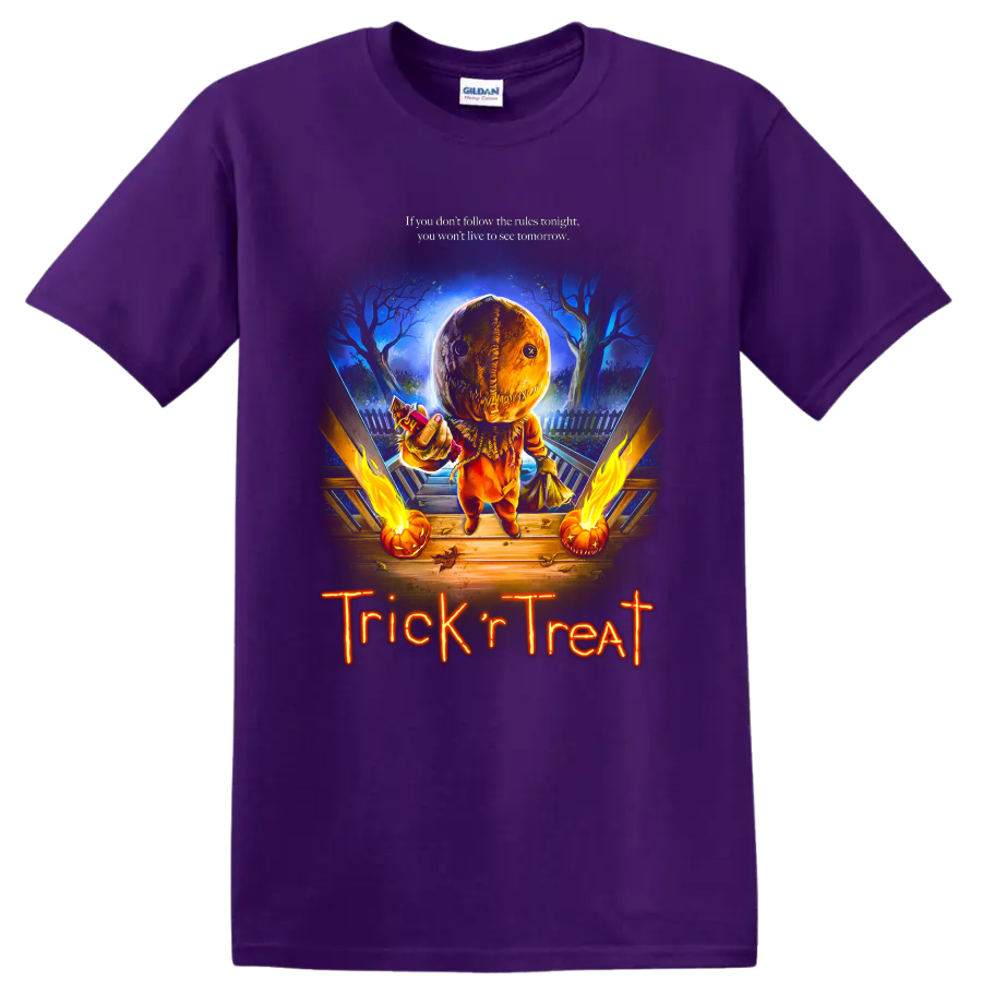 Trick 'r Treat pumpkin mask horror graphic with Halloween lettering on a Purple T Shirt