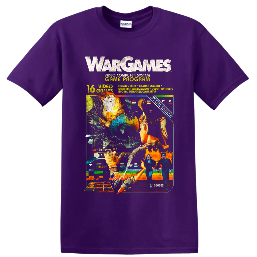 WarGames retro computer game program graphic with explosions and arcade screens on a Purple T Shirt