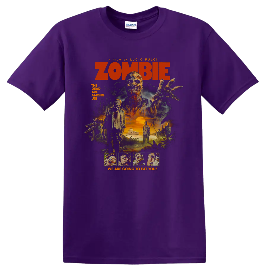 Zombie 1979 vintage Italian horror movie poster graphic with undead island scene on a Purple T Shirt