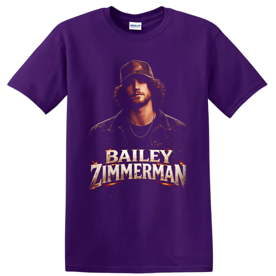 Bailey Zimmerman western portrait with fiery distressed name lettering on a Purple T Shirt