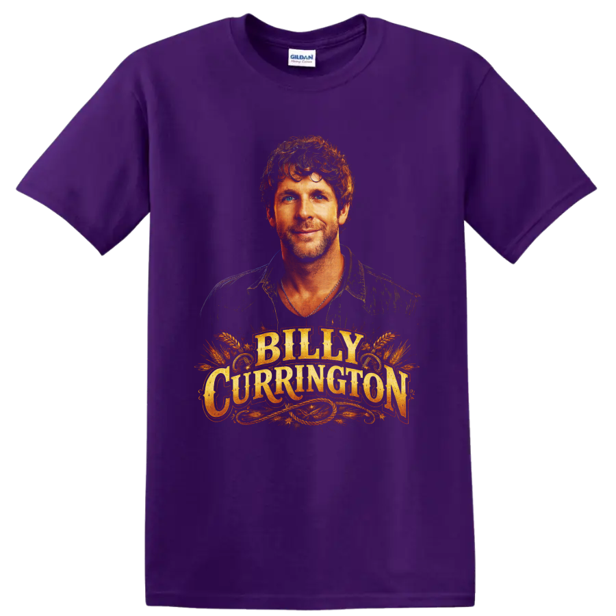 Billy Currington portrait with western gold lettering, wheat stalks, and rope flourishes on a Purple T Shirt