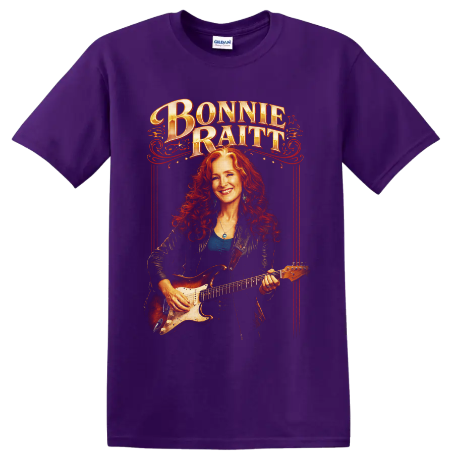 Bonnie Raitt guitarist portrait with ornate red vintage concert poster lettering on a Purple T Shirt