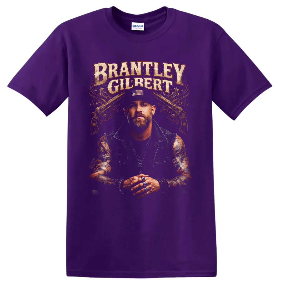 Brantley Gilbert portrait with crossed pistols and distressed western lettering on a Purple T Shirt