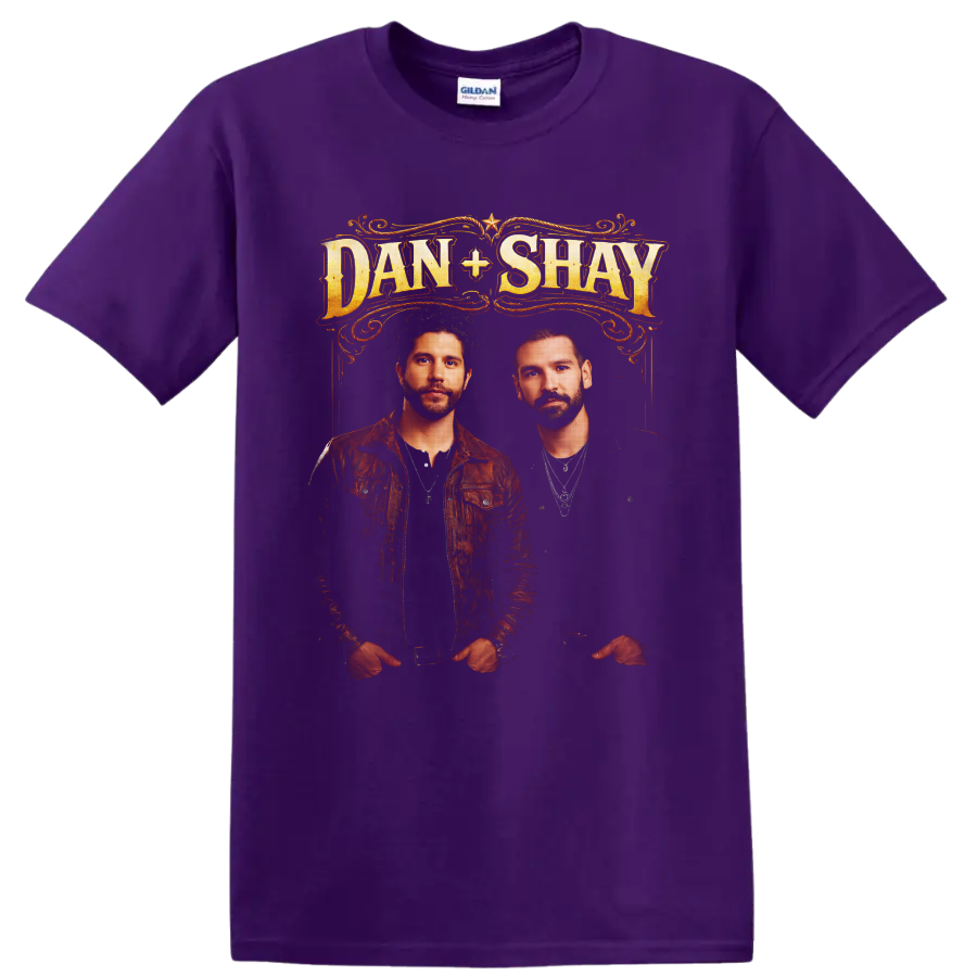 Dan + Shay portraits beneath ornate western gold lettering and scrollwork on a Purple T Shirt