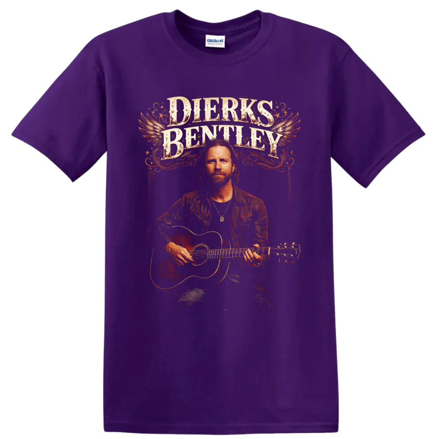 Dierks Bentley guitar portrait with winged vintage lettering and western flourishes on a Purple T Shirt