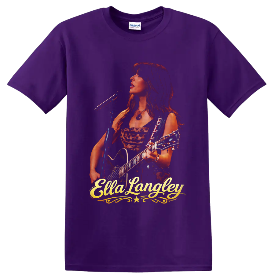 Ella Langley performing with guitar and microphone in a warm western concert portrait on a Purple T Shirt