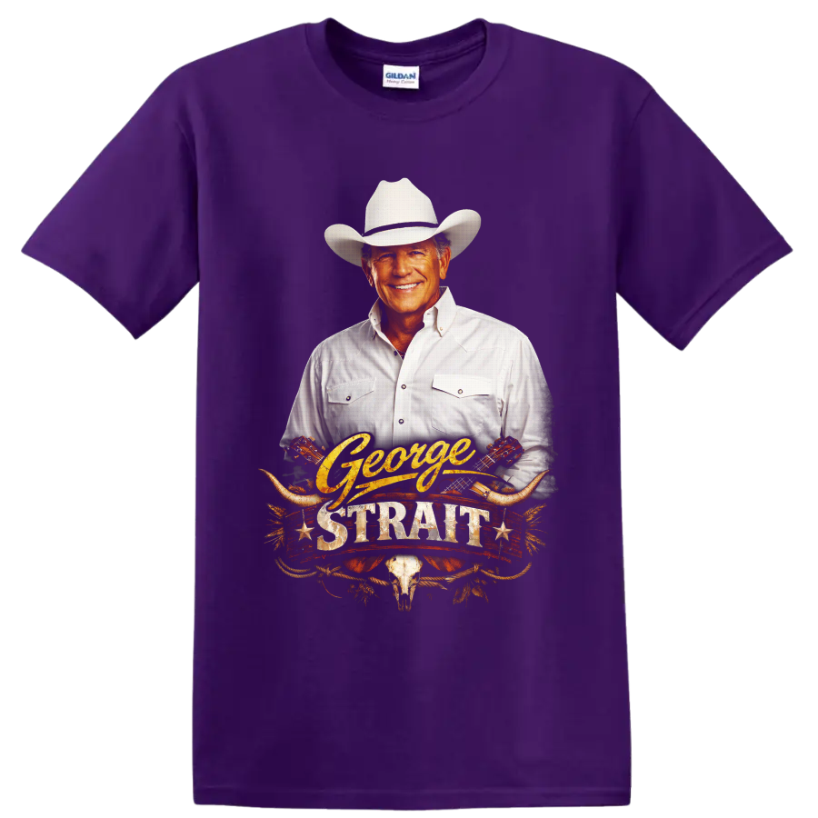 George Strait portrait with cowboy hat, guitars, longhorns, and western rope artwork on a Purple T Shirt