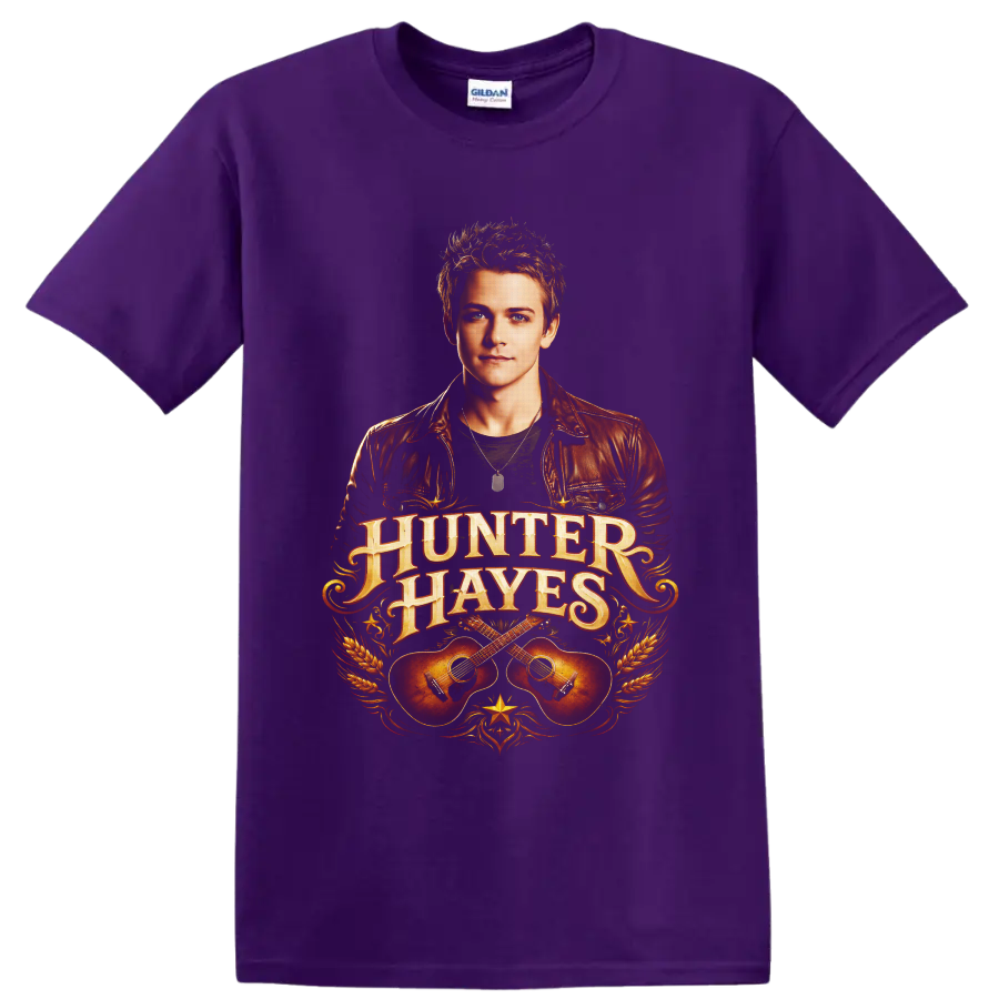 Hunter Hayes portrait with ornate lettering, crossed acoustic guitars, wheat, and western on a Purple T Shirt