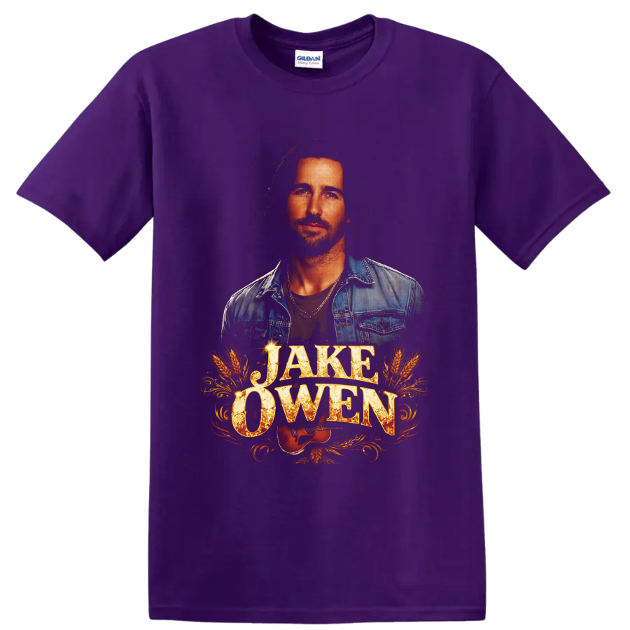 Jake Owen portrait with guitar, wheat, western flourishes, and distressed lettering on a Purple T Shirt