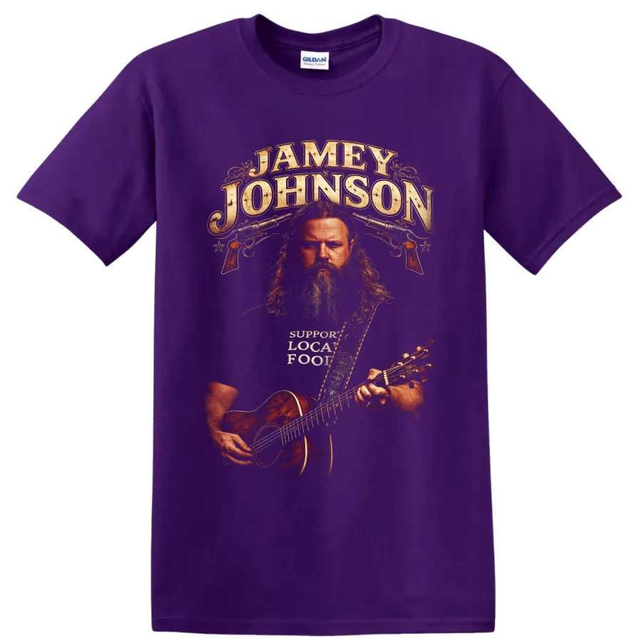 Jamey Johnson western portrait with acoustic guitar, pistols, and distressed lettering on a Purple T Shirt