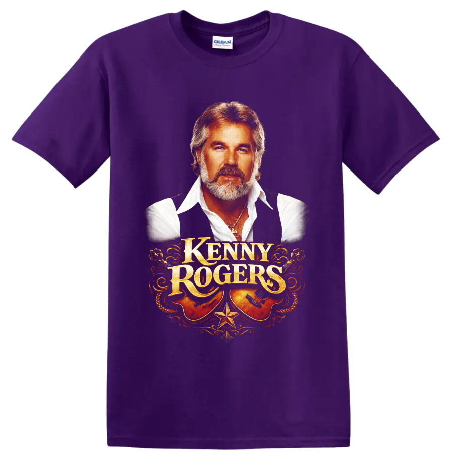 Kenny Rogers portrait with ornate western lettering, acoustic guitars, rope, and stars on a Purple T Shirt