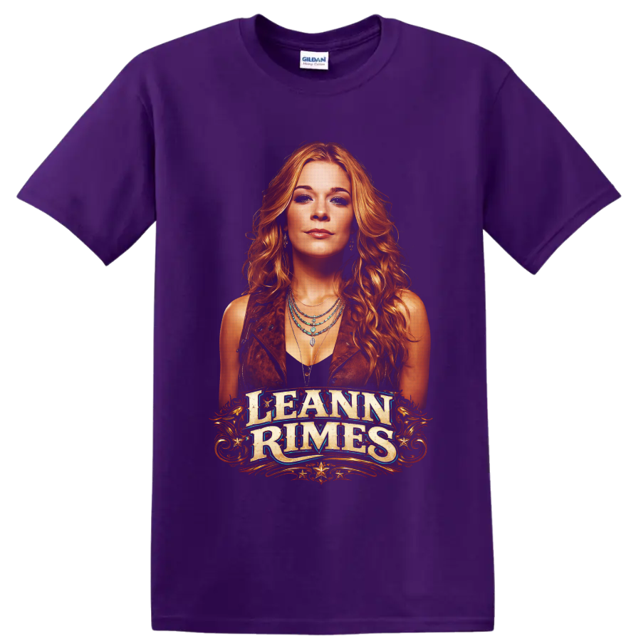 LeAnn Rimes western portrait with ornate lettering, gold flourishes, and turquoise jewelry on a Purple T Shirt
