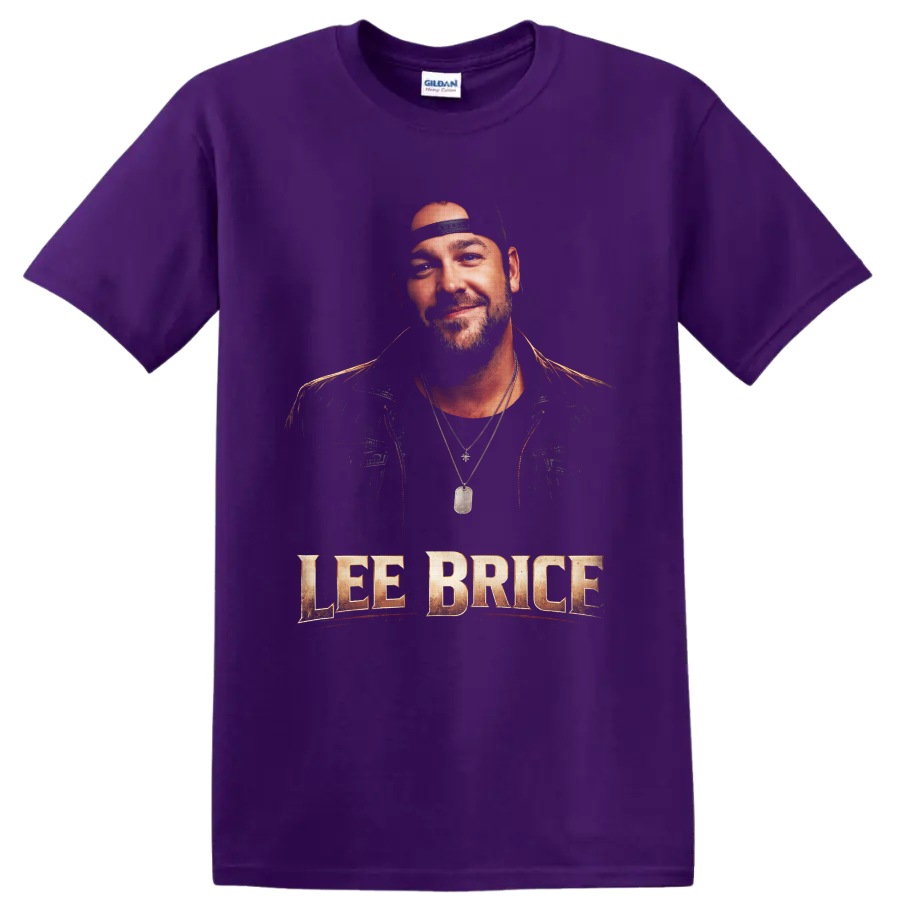 Lee Brice portrait with distressed gold name lettering in country concert poster style on a Purple T Shirt