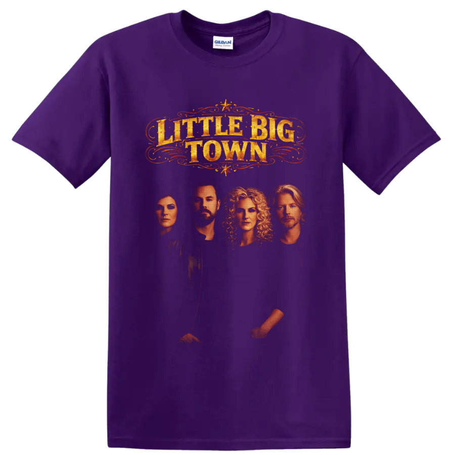 Little Big Town portraits with distressed gold western lettering, scrollwork, and stars on a Purple T Shirt