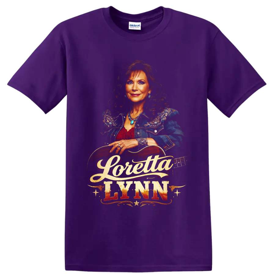 Loretta Lynn portrait with acoustic guitar and vintage Western country lettering on a Purple T Shirt