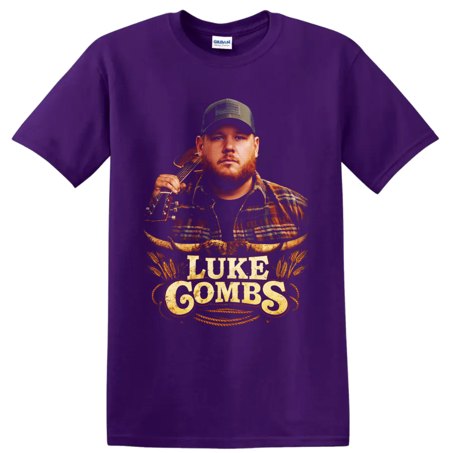 Luke Combs portrait with acoustic guitar, longhorn skull, wheat, rope, and western on a Purple T Shirt