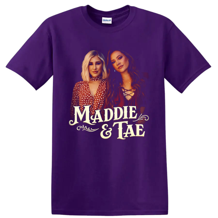 Maddie & Tae country duo portraits with vintage western lettering and flourishes on a Purple T Shirt