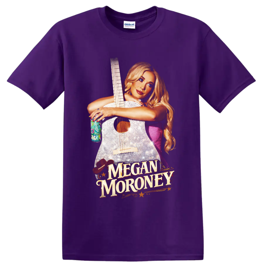 Megan Moroney with sparkling guitar, western hat, stars, and gold name lettering on a Purple T Shirt