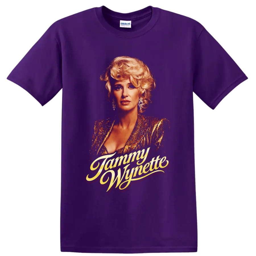 Tammy Wynette portrait in gold stage glamour with flowing name script on a Purple T Shirt