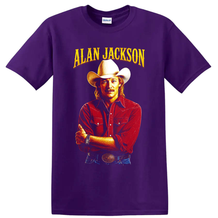 Alan Jackson cowboy hat portrait with gold lettering and red Western shirt on a Purple T Shirt