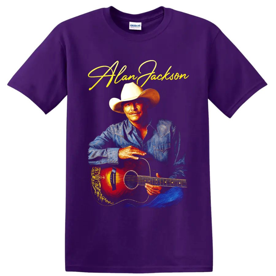 Alan Jackson painterly country portrait with cowboy hat, denim shirt, guitar and gold on a Purple T Shirt