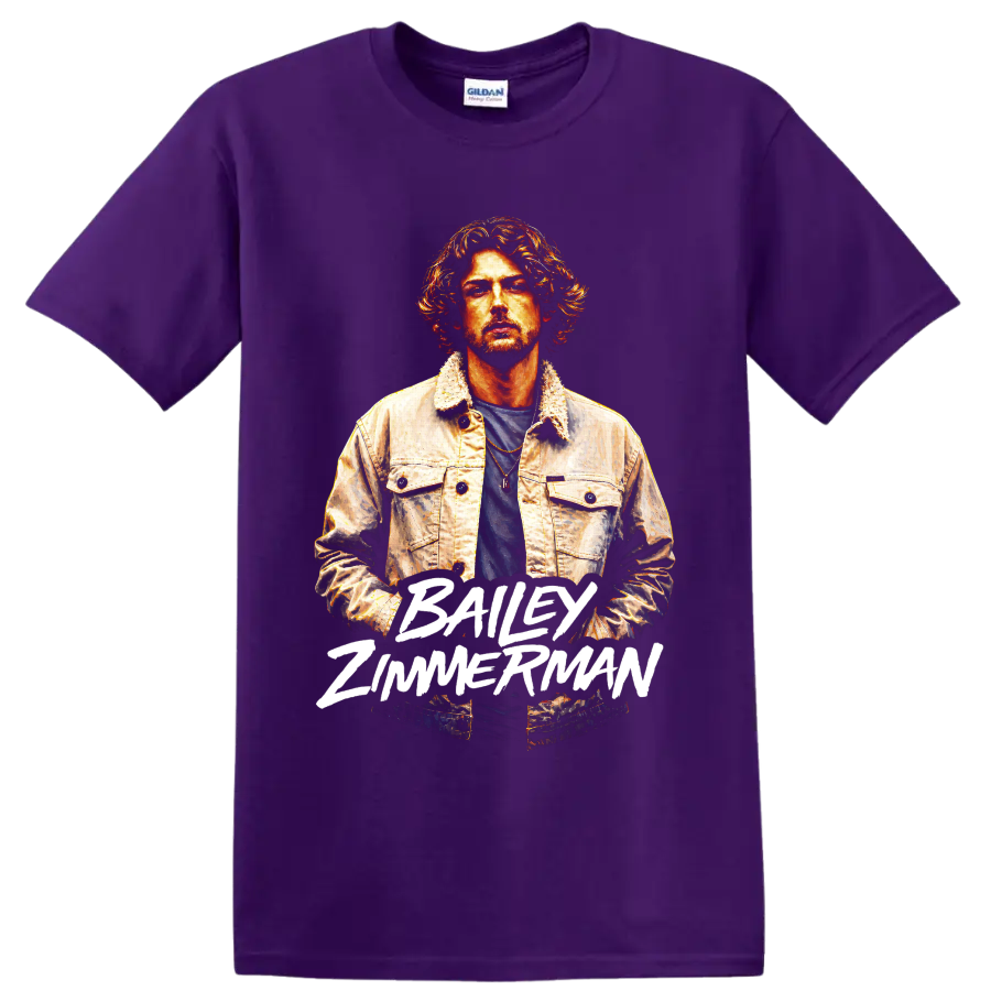Bailey Zimmerman painted country singer portrait with bold white name lettering on a Purple T Shirt