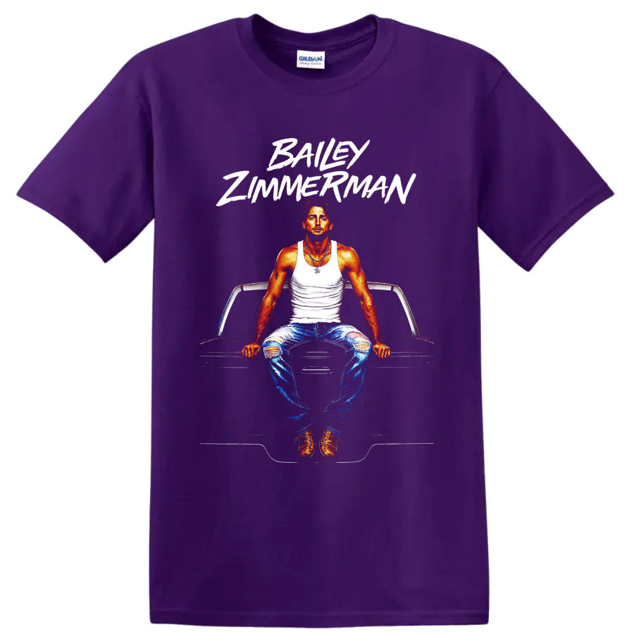Bailey Zimmerman portrait seated on a classic car with bold white brush lettering on a Purple T Shirt