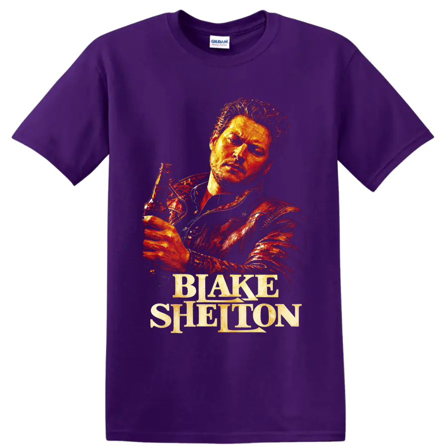 Blake Shelton holding a beer bottle in fiery textured country portrait art on a Purple T Shirt