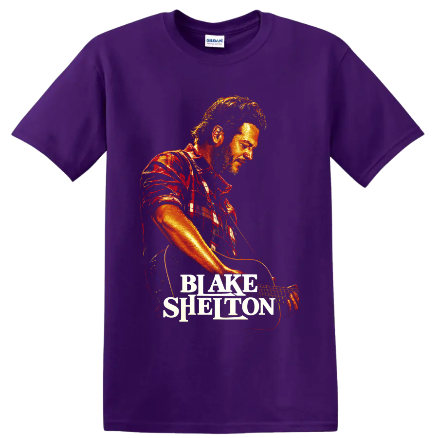 Blake Shelton guitar performance portrait in fiery concert-poster style with name on a Purple T Shirt