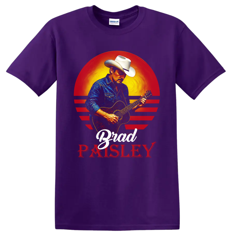Brad Paisley playing acoustic guitar in cowboy hat before a retro western sunset on a Purple T Shirt