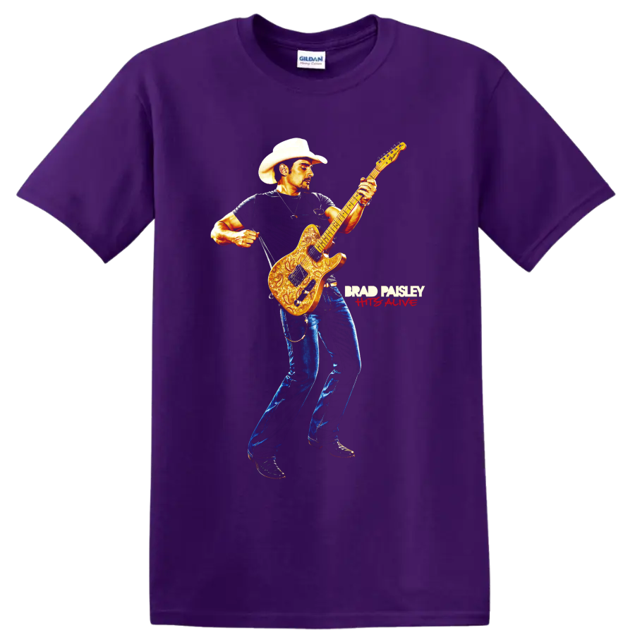 Brad Paisley cowboy-hatted guitarist with ornate golden electric guitar artwork on a Purple T Shirt