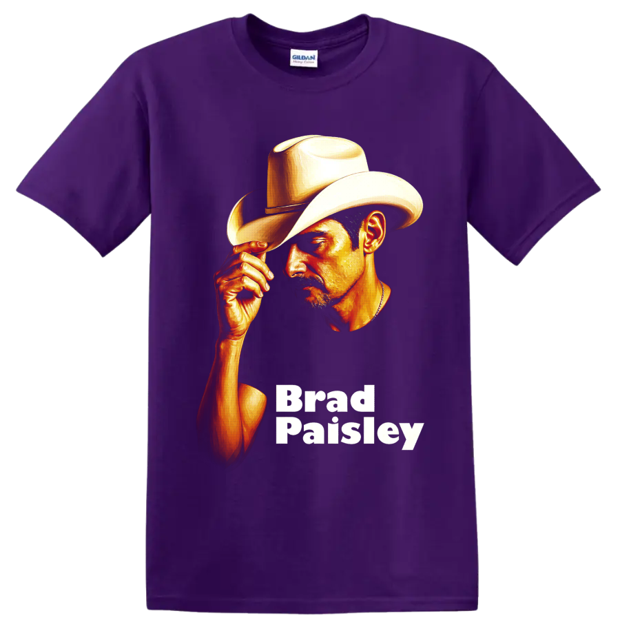 Brad Paisley painted cowboy hat portrait with warm gold highlights and name text on a Purple T Shirt