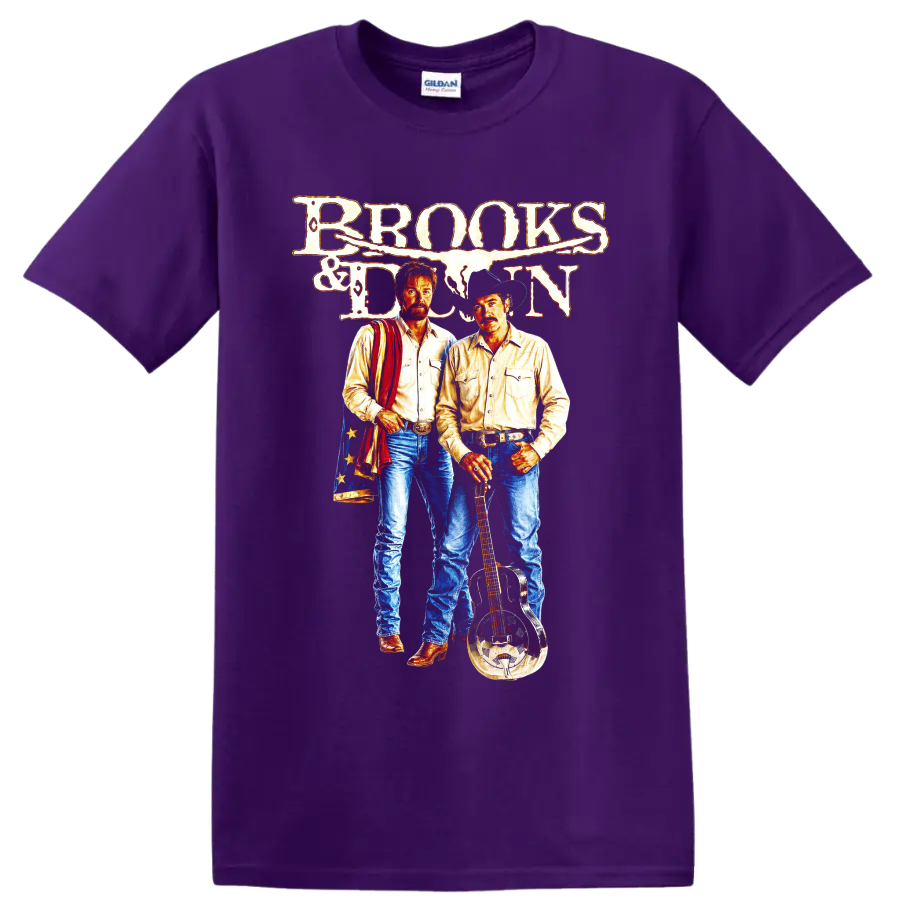 Brooks & Dunn vintage western duo art with cowboy hat, resonator guitar, and distressed on a Purple T Shirt